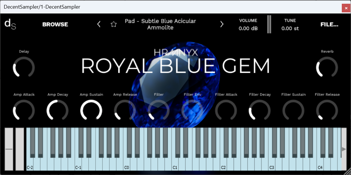 A screenshot of the Royal Blue Gem Sample Library instrument interface in Decent Sampler.